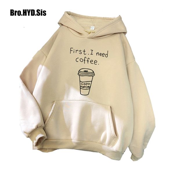 

women hoodie cute letter print hoodies first i need coffee fleece hooded pullover sweatshirts harajuku lady autumn winter girls 4xl, Black