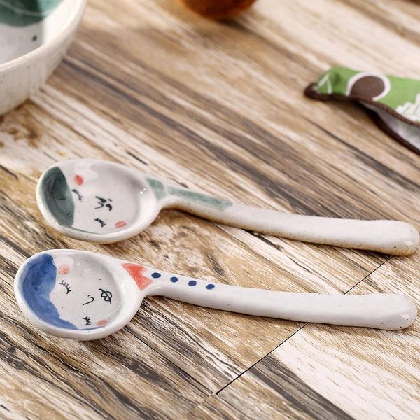 

1pc ceramic spoon japanese creative lovers hand painted ice cream spoons dessert tableware tiny long handle