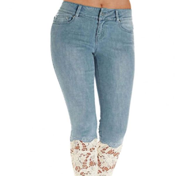 

women's jeans 2021 capri pants lace stretchy women calf length mid rise for dating, Blue