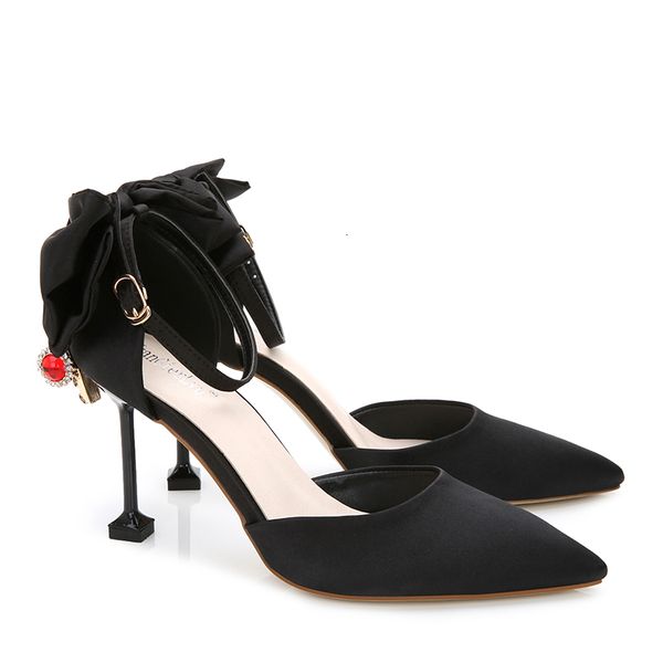 

slippers 2021 summer style banquet pointed stiletto high heels women's buckle hollow sandals gemstone bow dress shoes n, Black