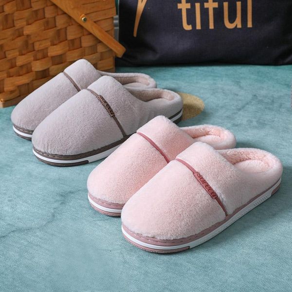 

women home slippers warm plush slip-on lovers winter shoes soft sole solid color comfortable female indoor faux fur slipper, Black