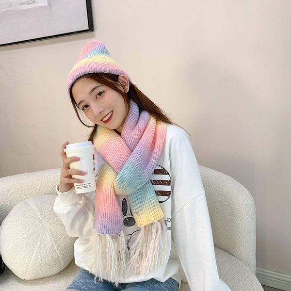 

scarves 2021 autumn/winter women's gradient rainbow tie-dye imitation wool scarf fashion warm colorful street cute knitted hat, Blue;gray