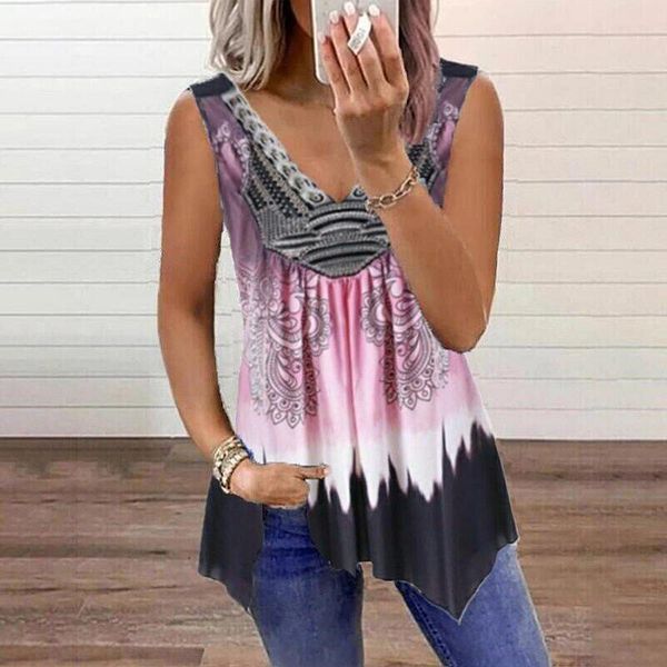 

women's blouses & shirts 2021 summer loose irregular pullover blusa women vintage pattern print blouse shirt spring deep v neck sleevel, White