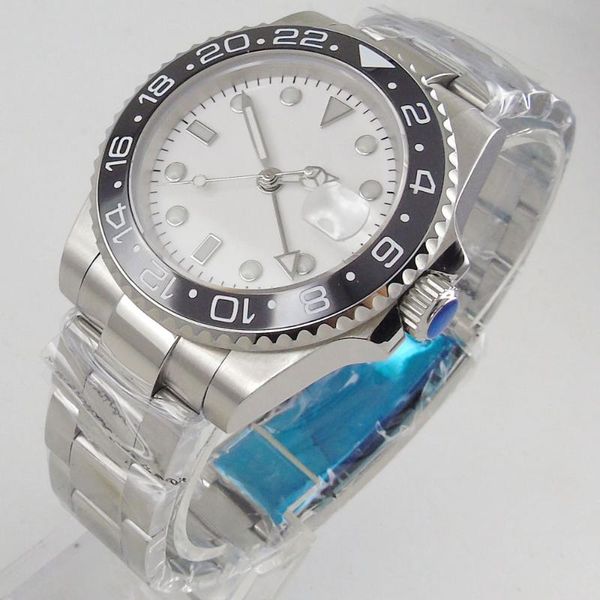 

wristwatches 40mm sterile white dial sapphire glass date steel bracelet gmt automatic movement men's watch, Slivery;brown