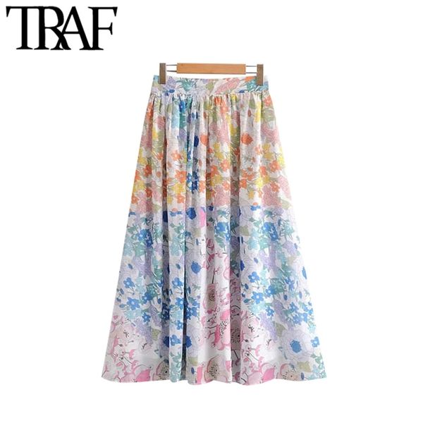 

women vintage stylish floral print pleated midi skirt fashion a line back zipper beach female skirts casual faldas mujer 210507, Black