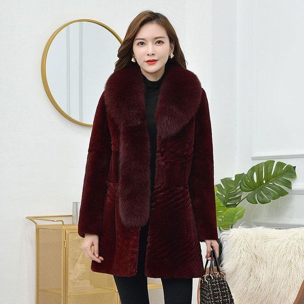 

women's fur & faux real coat medium winter women collar natural large size long sleeve fashion outwear q249 1i2j, Black