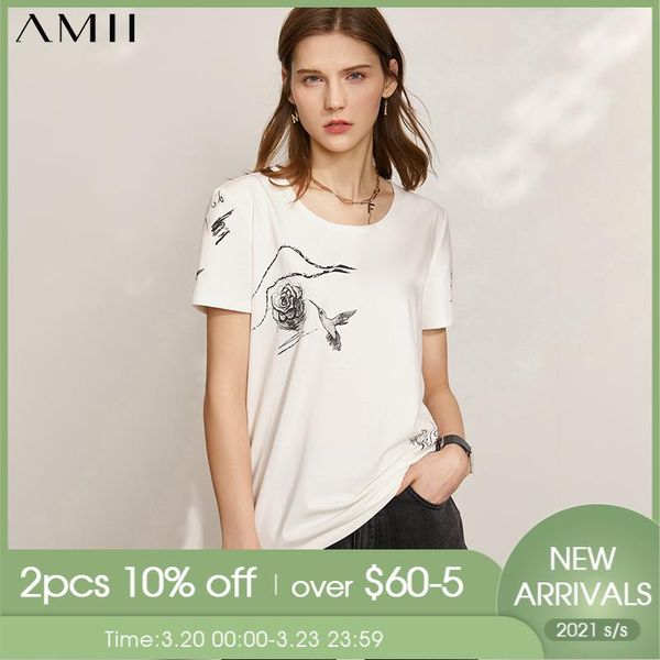 

amii minimalism summer women's tshirt causal oneck printed short sleeve streetwear female 12140228 t-shirt, White