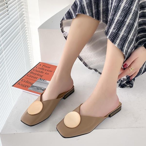 

slippers shoes woman female rivet luxury slides low cover toe designer soft metal decoration square heel basic fashion gjks, Black