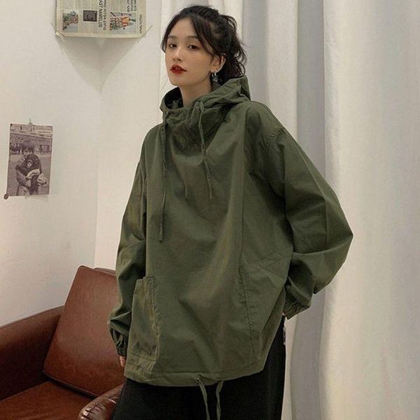 

women's jackets cargo oversized hoodies coat 2021 spring autumn korean fashion high street casual loose hooded sweatshirts thin jacket, Black;brown