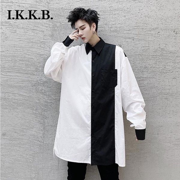 

autumn dark black korean men's loose long sleeve shirt individual and white color contrast splicing hair stylist youth shi casual shirt, White;black