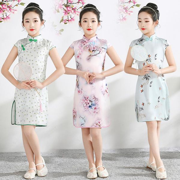 

girls cheongsam children's tang suit chinese style dress princess white stage costumes class clothes po girl's dresses, Red;yellow