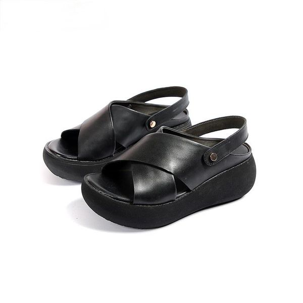 

dress shoes genuine leather sandals women summer 2021 ladies platform casual thick fashion retro, Black