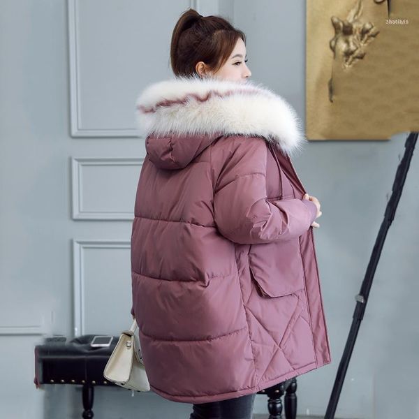

winter jacket women plus size hooded with fur collar long warm coat cotton padded korean style solid thick female parkas1, Black