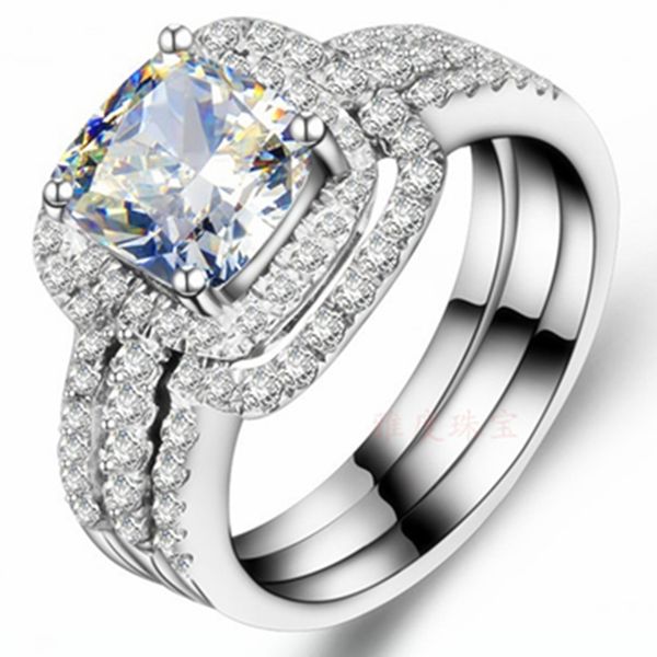 

18k white gold plated 2ct cushion engagement ring wedding bands nscd simulated diamond rings set women anniversary gift with box, Slivery;golden