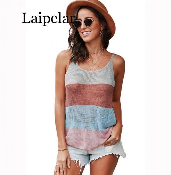 

women's tanks & camis 2021 women summer strappy tank loose casual sleeveless shirts knitted round neck color block stripe, White