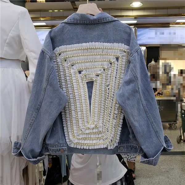 

women's jackets 2021 fall clothing beaded lace patchwork denim jacket korean loose all-matching long sleeve jeans woman coat, Black;brown