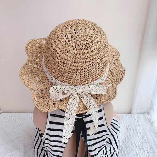 

big along the bowknot children's straw hat style female baby beach yiwu hollow lace sun caps & hats, Yellow