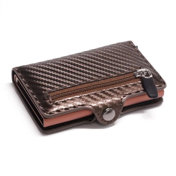 

card holders rfid metal holder button coin wallet protection vintage carbon fiber men slim aluminum case, Brown;gray