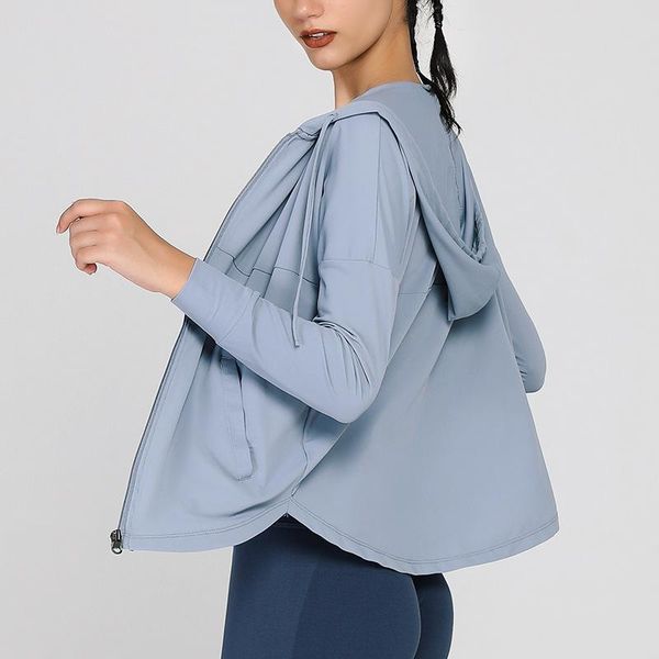 

yoga outfit fitness clothes women's mesh breathable sun protection clothing loose sports running zipper jacket with pockets