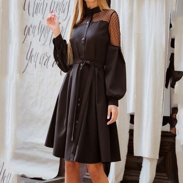 

casual dresses women vintage lace dress lantern long sleeve stand collar belt office lady elegant 2021 autumn spring female pleated, Black;gray