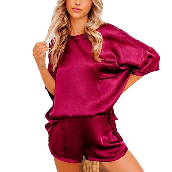 

women's tracksuits 2021 europe and america spring/summer solid color satin pajamas home dress short-sleeved shorts irregular two-piece, Gray