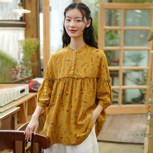 

johnature women lantern sleeve shirts vintage cotton print floral blouses spring soft female clothes loose shirts and 210521, White