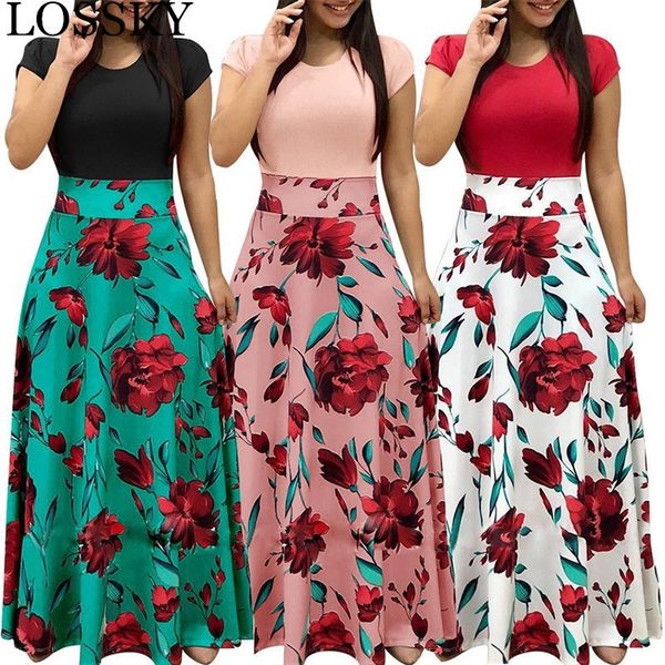 

women summer autumn maxi dress floral print patchwork beach boho short sleeve tunic elegant party long vestidos plus size 210520, Black;gray