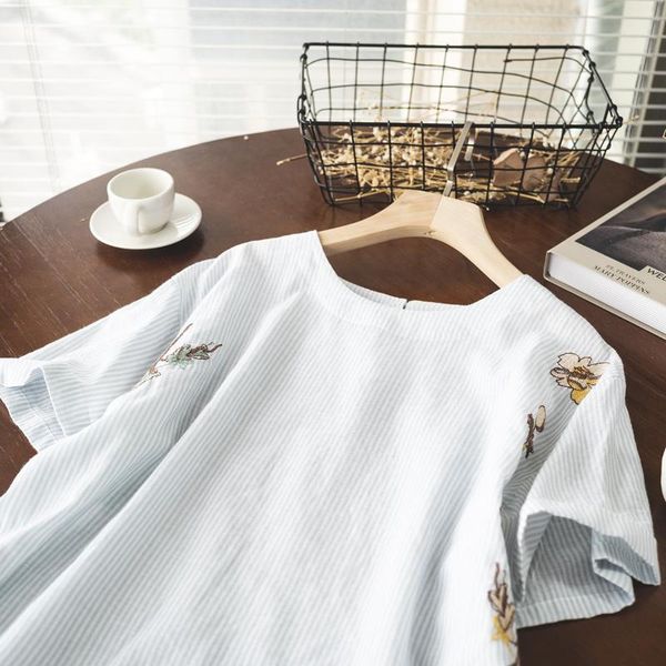 

women's blouses & shirts 2021 japanese female sweet stripes loose round collar short sleeve shirt, White