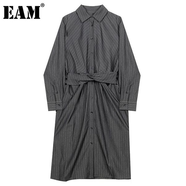

casual dresses [eam] women striped knot irregular gray long dress lapel sleeve loose fit fashion tide spring autumn 2021 1dd4310, Black;gray