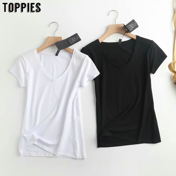 Toppies Frauen Basis Weiß Schwarz Hemden V-Ausschnitt Kurzarm Einfarbig Hemd Tops Frau T-Shirts 210412