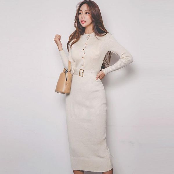 

casual dresses elegant long sleeve single breasted women knitted sweater dress winter skinny stretch back split office lady sashes midi, Black;gray
