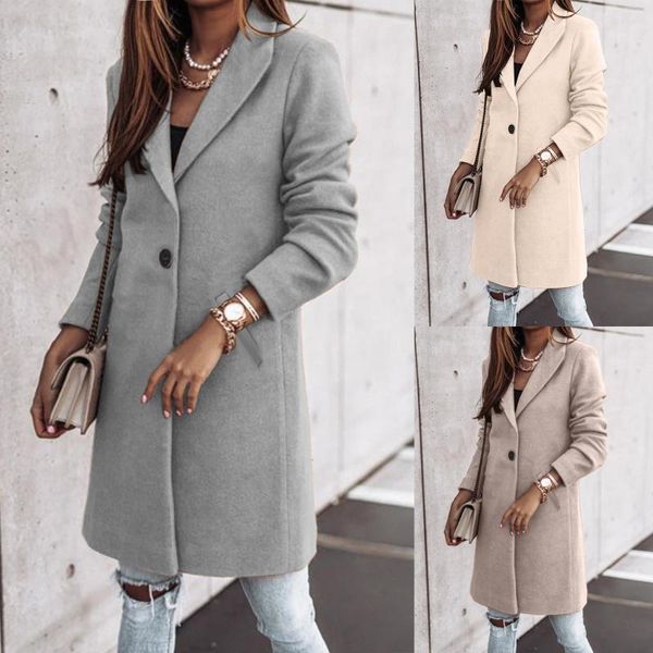 

women's wool & blends fashion women trench jackets autumn winter casual solid coat long sleeve lapel button female 2021, Black
