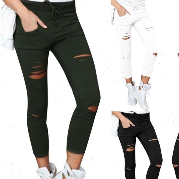 

h30 fashion hole women pant ankle length pants skinny ripped high waist stretch slim pencil trousers summer, Black;white
