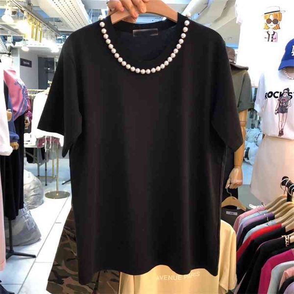 

women's t-shirt fashion pearl beading cotton short sleeve t shirt woman elegant loose baggy s-xl black beige summer clothes f, White