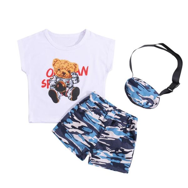 

clothing sets 1-5years boys clothes set bear print sleeveless o-neck vest+camouflage shorts+messenger bag, White