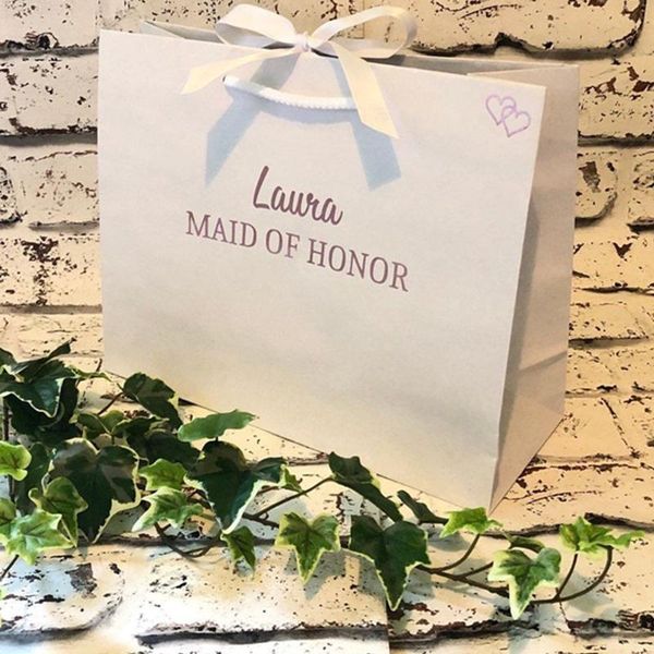 

gift wrap personalised maid of honour bag, birthday party bag ,cutom wedding with ribbon & rose gold name
