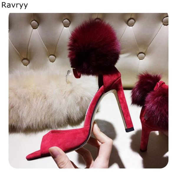 

summer woman sandals red pompon faux fur decor high heels cover heel peep toe pumps thin female party dress shoes, Black