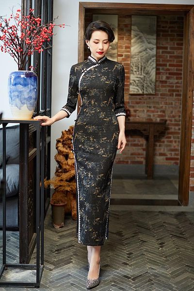 

ethnic clothing lady jacquard chinese dress classical vintage button qipao slim three quarters sleeve mandarin collar cheongsam plus size 4x, Red