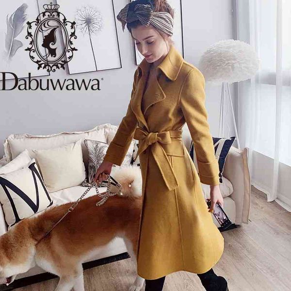 Dabuwawa Lange Wollmischung Mantel Frauen Zweireiher Herbst Winter Breite Taille Elegante Mantel Outfit Top Weibliche DT1DLN014 210520