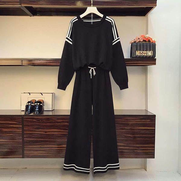 

women's two piece pants fashion knitted two-piece suits women spring long sleeve contrast color knitwear and wide leg casual tracksuit, White