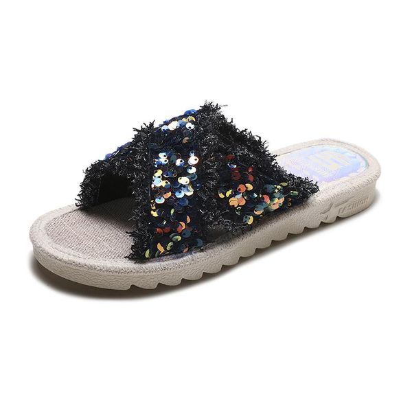 

slippers women's flat outer wear 2021 summer korean cross thick platform sequins fringe beach women, Black