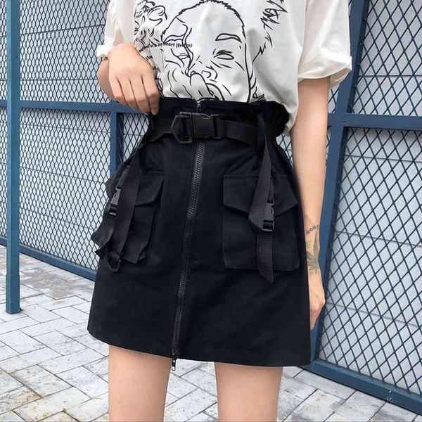 

fashion harajuku skirt female summer belt waistband skirt overalls high waist pleated a-line skirt mini girl street 210416, Black