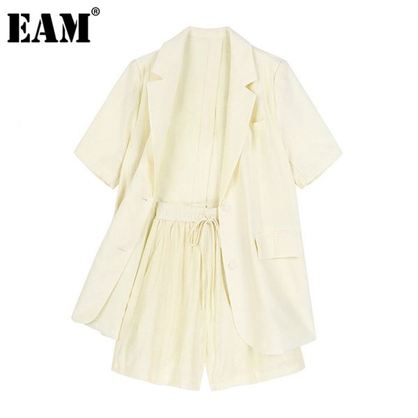 

[eam] elastic waist shorts two piece suit slit pockets lapel short sleeve loose fit women fashion spring summer 1dd8288 21512, White