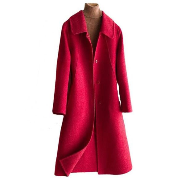 

women's wool & blends red slim fit overcoat coats simple breasted winter mid-length autumn trench coat outwear long sleeve clothing, Black