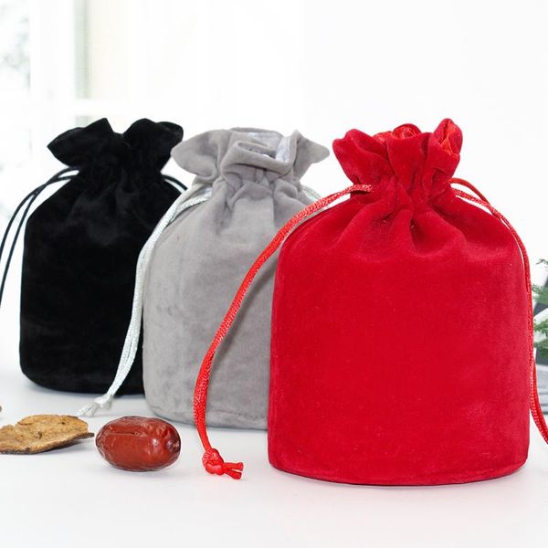 

drawstring 10pcs/lot red/black/grey velvet pocket bags round bottom pouches cosmetic wine packaging