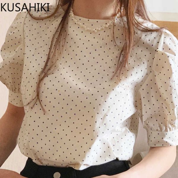 

kusahiki chic dot women blouse shirt korean puff sleeve causal o-neck women summer sweet blusas mujer de moda 6h661 210602, White