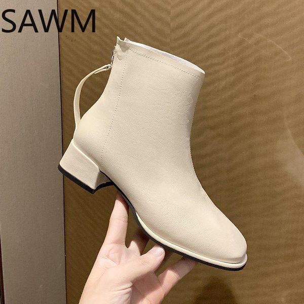 

beige winter boots lady shoes zipper luxury designer mid-calf booties women low heels round toe 2021 fashion short, Black