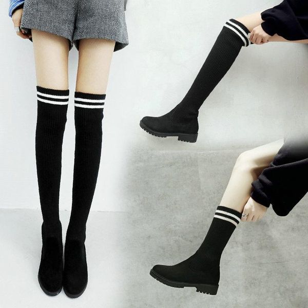 

boots 2021 women's fashion socks shoes slimming stretch high woolen ladies over the knee low heels size 34-43, Black
