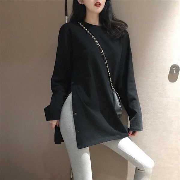 

fashion women's t-shirts spring autumn solid color loose t-shirt long sleeve round neck side button split casual, White