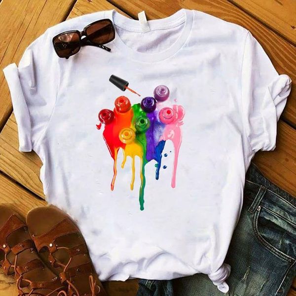 

graphic 3d paint rainbow color women t shirt cute printed camisas mujer tee ladies clothes, White